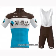 2019 Abbigliamento Ciclismo Ag2r La Mondiale Marrone Bianco Blu Manica Corta e Salopette