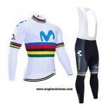 2020 Abbigliamento Ciclismo UCI Mondo Campione Movistar Bianco Blu Manica Lunga e Salopette