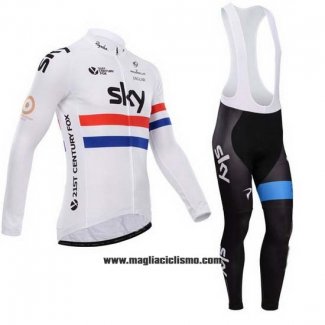 2014 Abbigliamento Ciclismo Sky Campione Regno Unito Bianco Manica Lunga e Salopette