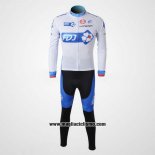 2010 Abbigliamento Ciclismo FDJ Bianco e Azzurro Manica Lunga e Salopette
