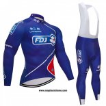 2018 Abbigliamento Ciclismo FDJ Blu Manica Lunga e Salopette
